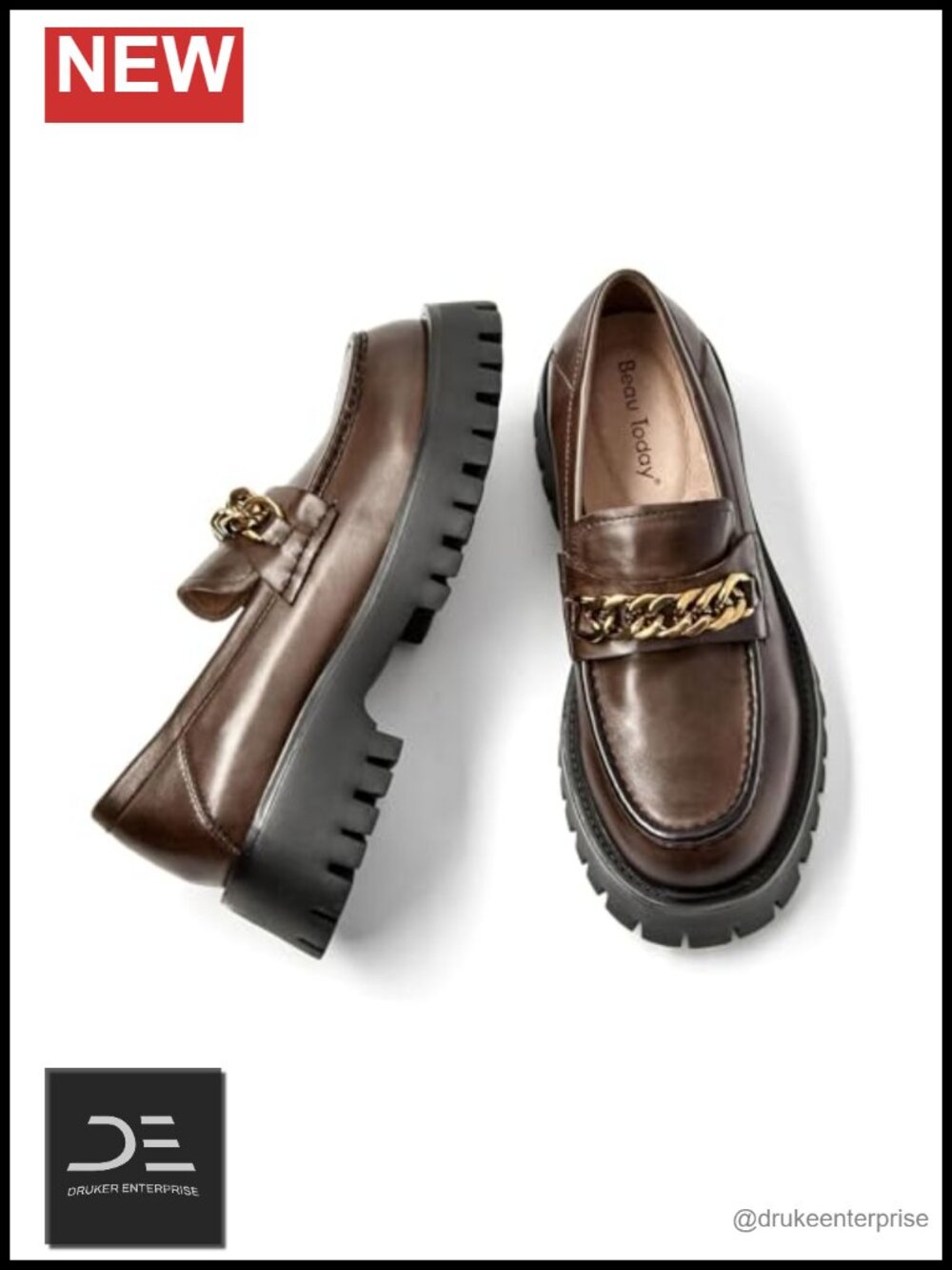 Chunky Loafers for Women Calfskin Platform Lug Sole Slip-on Metal Chain Shoes